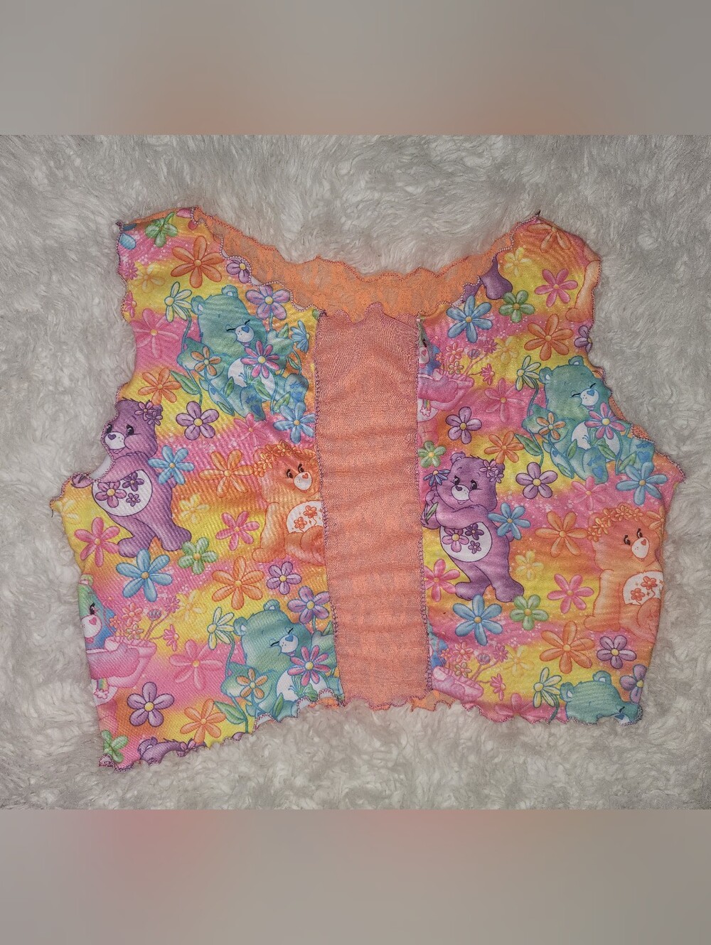 Womens Lg Care Bears Crop Top Lace Sheer Rainbow Neons Bright 90s Retro